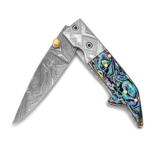 Damascus Steel and Abalone Folding Knife