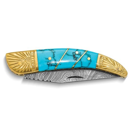 5 Knife set with a Light Emprador Marble Handle, Swiss Blue Cubic Zirconia  Stone at the Back of the Knife and Turquoise and Brass Decorative Rings :  Craftstone Knives