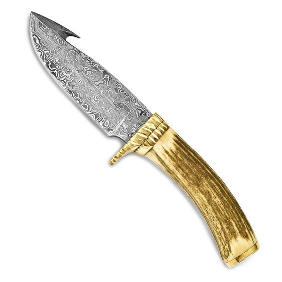 Handmade Damascus Pocket knife, Gold brass Handle, Leather Sheath