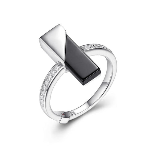 Sterling Silver Ring with Genuine Black Agate (16x5x2mm) and Pave CZ Bar, Size 6, Rhodium Plated