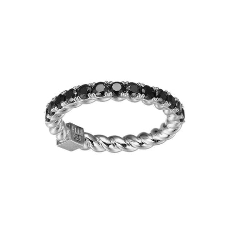 SS ELLE "NAUTICAL" RHODIUM PLATED ROPE FINISH WITH GENUINE 2.5MM ROUND BLACK SPINEL RING SIZE 6