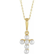 14K Yellow Cultured White Seed Pearl Youth Cross 16" Necklace - Robson's Jewelers