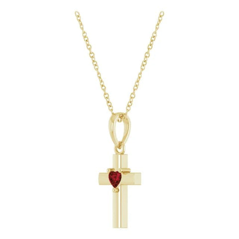 14K Yellow Natural Mozambique Garnet Heart Cross 16-18" Necklace - Robson's Jewelers