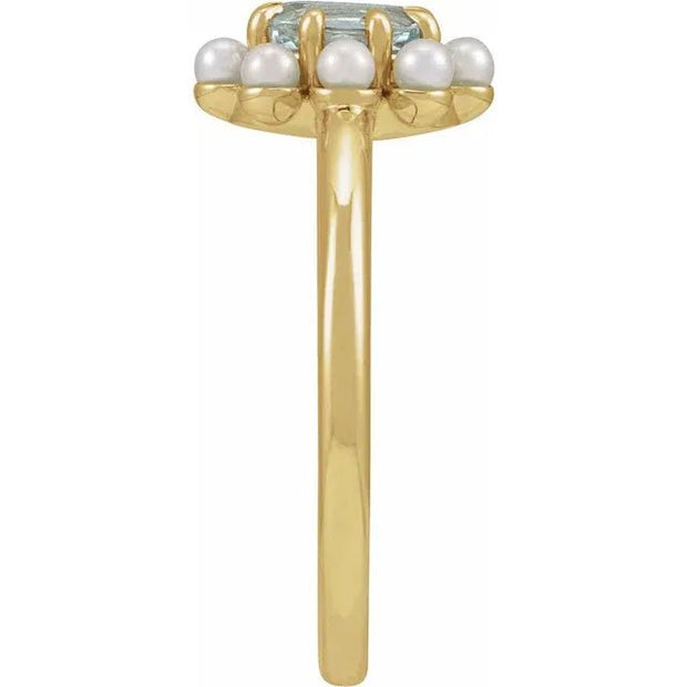 14K Yellow Natural Sky Blue Topaz & Cultured White Seed Pearl Halo-Style Ring - Robson's Jewelers