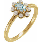14K Yellow Natural Sky Blue Topaz & Cultured White Seed Pearl Halo-Style Ring - Robson's Jewelers