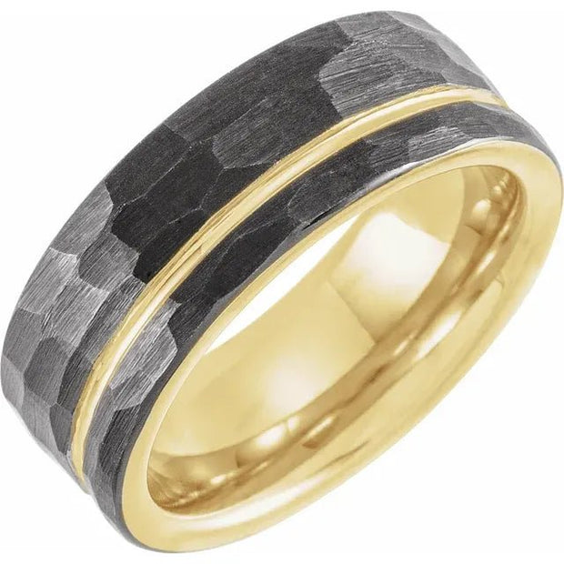 Black & 18K Yellow Gold PVD Tungsten 8 mm Grooved Size 10 Band With Hammer Finish - Robson's Jewelers
