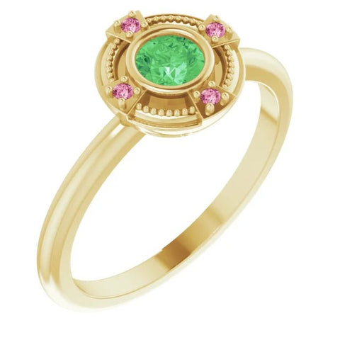 14K Yellow Natural Tsavorite Garnet & Natural Pink Tourmaline Compass Ring - Robson's Jewelers