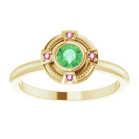 14K Yellow Natural Tsavorite Garnet & Natural Pink Tourmaline Compass Ring - Robson's Jewelers