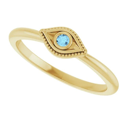 14K Yellow Natural Aquamarine Stackable Evil Eye Ring - Robson's Jewelers