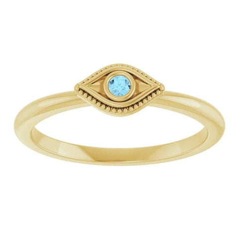 14K Yellow Natural Aquamarine Stackable Evil Eye Ring - Robson's Jewelers