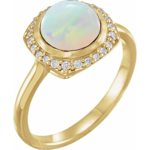 14K Yellow Natural White Ethiopian Opal & 1/6 CTW Natural Diamond Halo-Style Ring - Robson's Jewelers