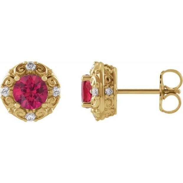 14K Yellow 5 mm Natural Ruby & 1/6 CTW Natural Diamond Halo-Style Earrings - Robson's Jewelers