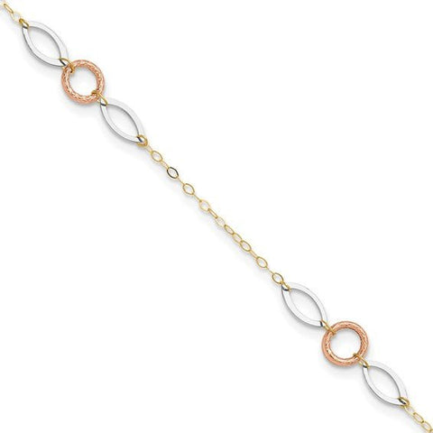 14k Tri-color Circle and Oval 9in Plus 1in ext. Anklet - Robson's Jewelers