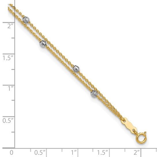 14K Two-tone 2 Stand Spiga Mirror Beads 9in Plus 1in Ext. Anklet - Robson's Jewelers