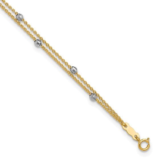 14K Two-tone 2 Stand Spiga Mirror Beads 9in Plus 1in Ext. Anklet