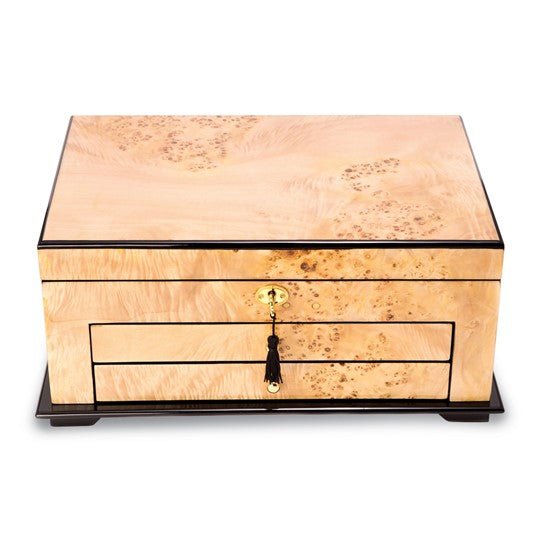 High Gloss Lacquered Birdseye Maple Finish 2-drawer Locking Wooden Jewelry Box - Robson's Jewelers