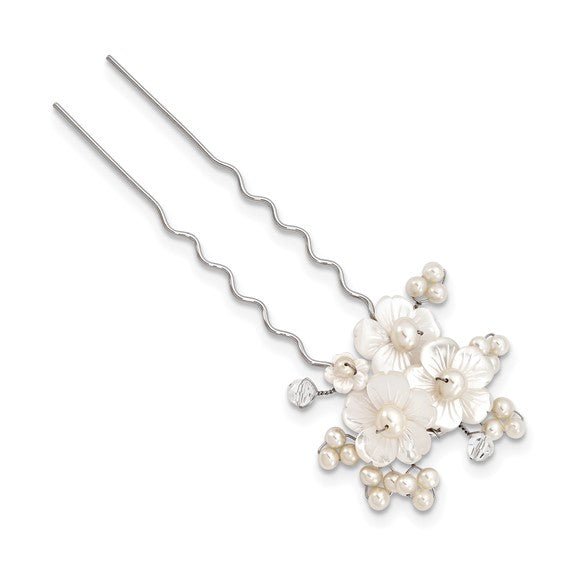 White Freshwater Cultured Pearl Clear Crystals from Swarovski and Mother of Pearl Floral Ornate Hair Pin - Robson's Jewelers