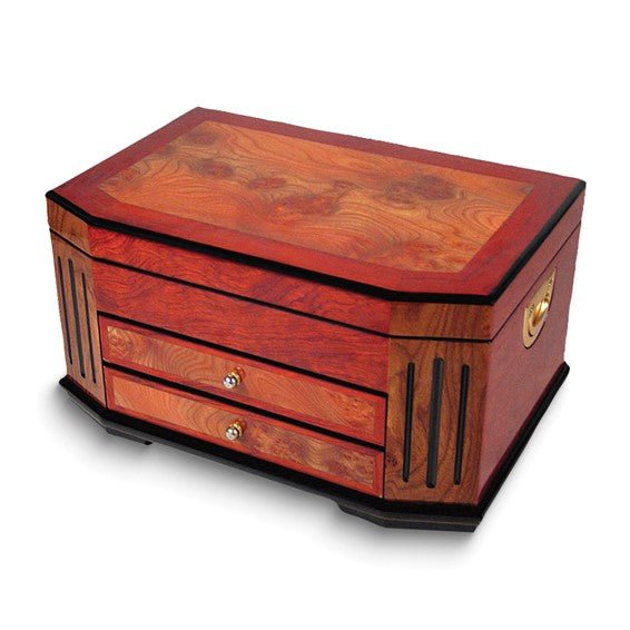 High Gloss Burlwood Finish with Black Accents Two Drawer Wooden Jewelry Box - Robson's Jewelers
