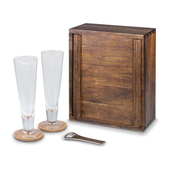 Pilsner Beer Serving Gift Set in Acacia Wood Box - Includes Two 12 ounce Glasses, 2 Cork Coasters, and Bottle Opener - Robson's Jewelers
