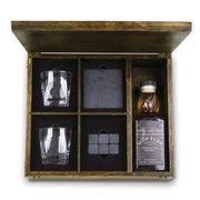 Oak Whiskey Box Gift Set - Includes two 8 ounce glasses, 2 sandstone coasters, and 6 soapstone whiskey stones - Robson's Jewelers