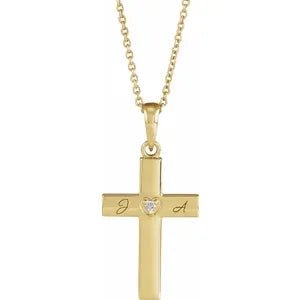 14K Yellow .015 CT Natural Diamond Engravable Cross 16-18" Necklace - Robson's Jewelers