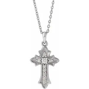 14K White .08 CTW Natural Diamond Vintage-Inspired Cross 16-18" Necklace - Robson's Jewelers