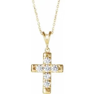 14K Yellow 3/4 CTW Natural Diamond French-Set Cross 16-18" Necklace - Robson's Jewelers