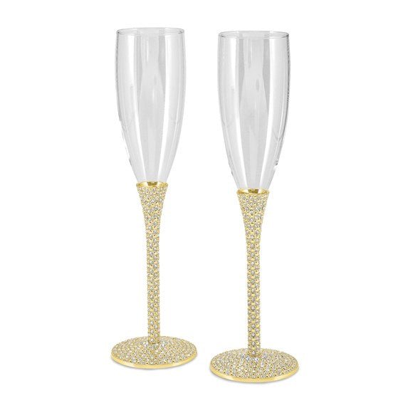 Lorren Home Trends Gold Embellished Champagne Flutes with Gold Rings, Set of 4