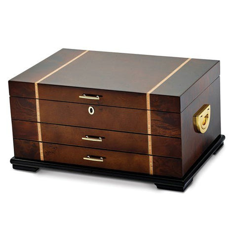 Luxury Giftware High Gloss Rustic Burlwood Veneer with Walnut and Scrolled Inlay 2-drawer Locking Wooden Jewelry Chest - Robson's Jewelers