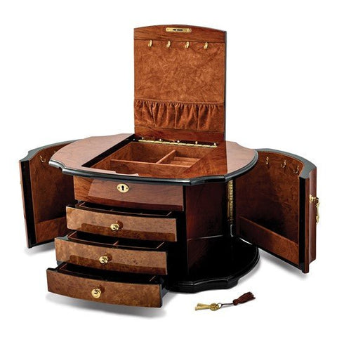 Luxury Giftware High Gloss Oak Burl Veneer with Mapa Veneer 2-drawer with Swing-out Sides Locking Wooden Jewelry Box - Robson's Jewelers