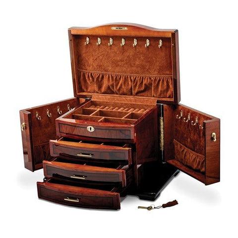 Luxury Giftware High Gloss Poplar Veneer with Burlwood Inlay 3-drawer with Swing-out Sides Locking Wooden Jewelry Chest - Robson's Jewelers