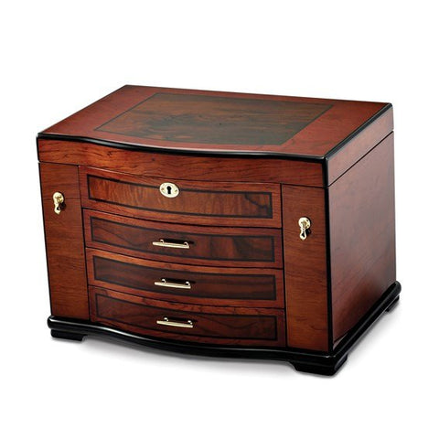 Luxury Giftware High Gloss Poplar Veneer with Burlwood Inlay 3-drawer with Swing-out Sides Locking Wooden Jewelry Chest - Robson's Jewelers