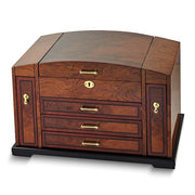 Luxury Giftware High Gloss Bubinga Veneer with Elm Burl Inlay 3-drawer with Slide-out Sides Locking Wooden Jewelry Box - Robson's Jewelers