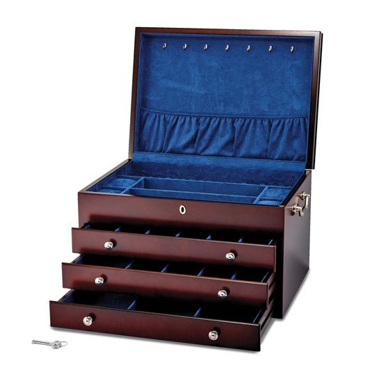Luxury Giftware Matte Cherry Finish Poplar Veneer Large 3-drawer Locking Wooden Jewelry Chest - Robson's Jewelers