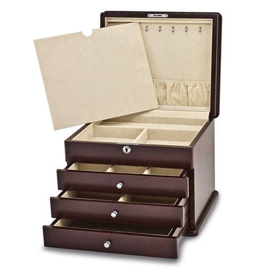 Luxury Giftware Matte Mahogany Finish Poplar Veneer 3-drawer with Hidden Storage Locking Wooden Jewelry Chest - Robson's Jewelers