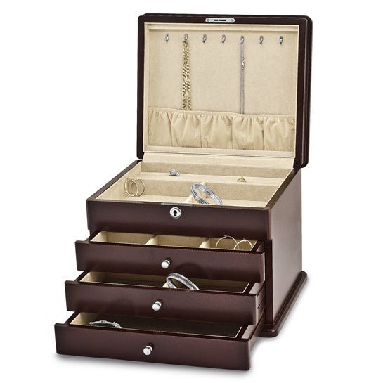 Luxury Giftware Matte Mahogany Finish Poplar Veneer 3-drawer with Hidden Storage Locking Wooden Jewelry Chest - Robson's Jewelers