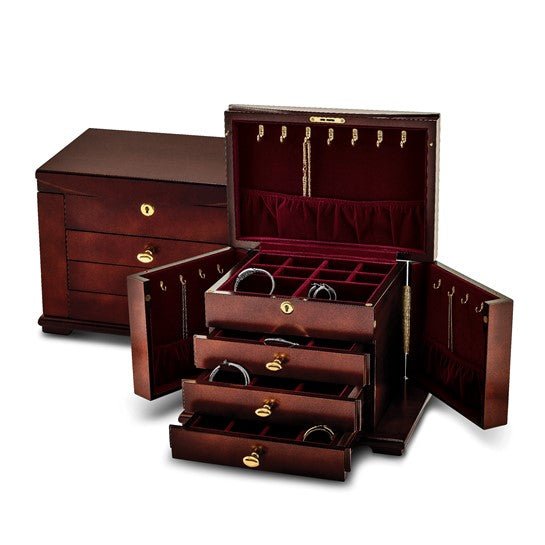 Luxury Giftware Matte Cherry Finish Poplar Veneer 3-drawer with Swing-out Sides Locking Wooden Jewelry Chest - Robson's Jewelers