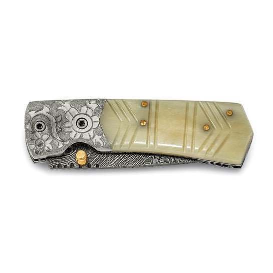 Luxury Giftware Damascus Steel 256 Layer Folding Carved Camel Bone Handle Knife with Leather Sheath and Wooden Gift Box - Robson's Jewelers