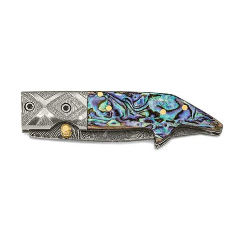 Damascus Steel 256 Layer Folding Blade Abalone Handle Knife - Robson's Jewelers