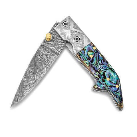 Damascus Steel 256 Layer Folding Blade Abalone Handle Knife - Robson's Jewelers