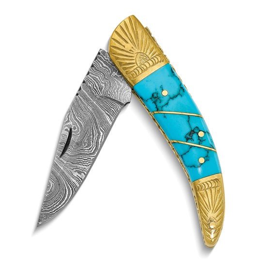 Luxury Giftware Damascus Steel 256 Layer Folding Blade Compressed Turquoise and Stone Handle Knife with Leather Sheath and Wooden Gift Box - Robson's Jewelers