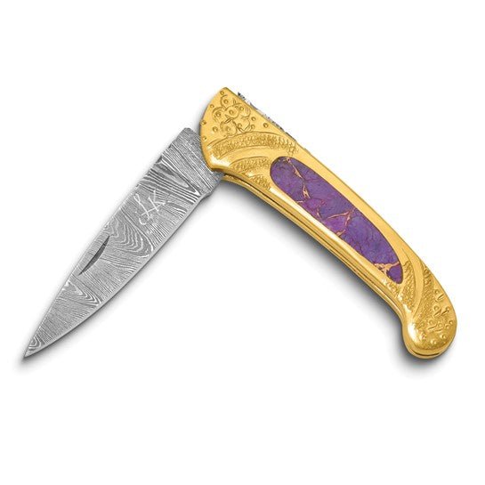 Damascus Steel 256 Layer Folding Blade Purple Stone Resin Hndl Knife - Robson's Jewelers