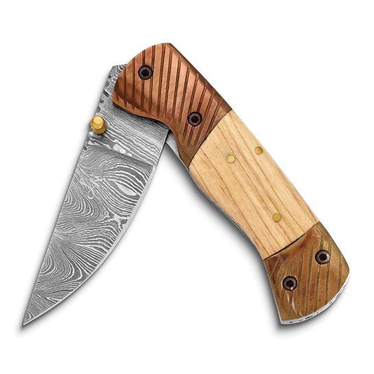 Damascus Steel 256 Layer Folding Blade Olive Wood Handle Knife - Robson's Jewelers
