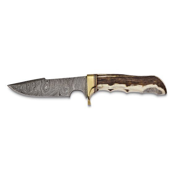 Luxury Giftware Damascus Steel 256 Layer Fixed Blade Staghorn Handle Knife with Leather Sheath and Gift Box - Robson's Jewelers
