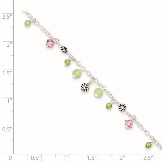 Sterling Silver 9in Pink Crystal Green Quartz Peridot Beads Anklet - Robson's Jewelers