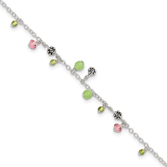 Sterling Silver 9in Pink Crystal Green Quartz Peridot Beads Anklet - Robson's Jewelers