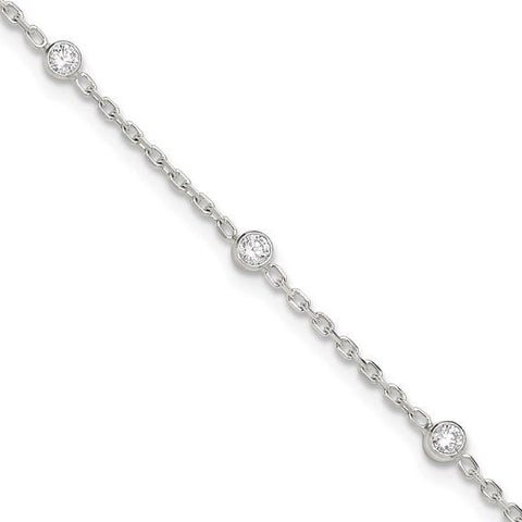 Sterling Silver Polished with CZ 9 inch Plus1 inch Ext. Anklet - Robson's Jewelers