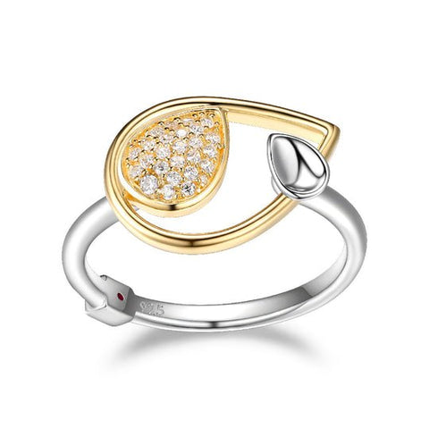 Sterling Silver Ring with Pear Shape (16x11.5mm) and Pave CZ, Size 6, 2 Tone, Rhodium and 18K Yellow Gold Plated - Robson's Jewelers
