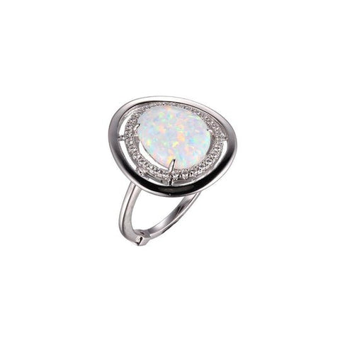 (XWWELLE)SS RHOD PLTD RING #OP17 SYNTHETIC OPAL(FIRE&SNOW) (CAB) 11.5X9.5MM & 3A CZ RD #6 - Robson's Jewelers