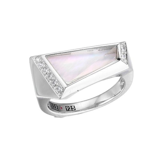 RHODIUM PLATED GENUINE WHITE MOTHER OF PEARL & WHITE CRYSTAL DOUBLET 15X8.4MM WITH CZ RING SIZE 6 - Robson's Jewelers